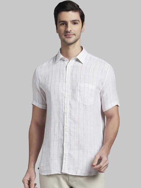 Parx Men White Slim Fit Checked Pure Linen Casual Shirt