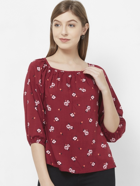 109F Women Red Floral Print Top
