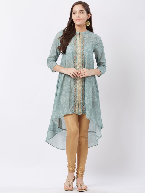 Fusion Beats Women Sage Green Floral Printed Straight Kurta