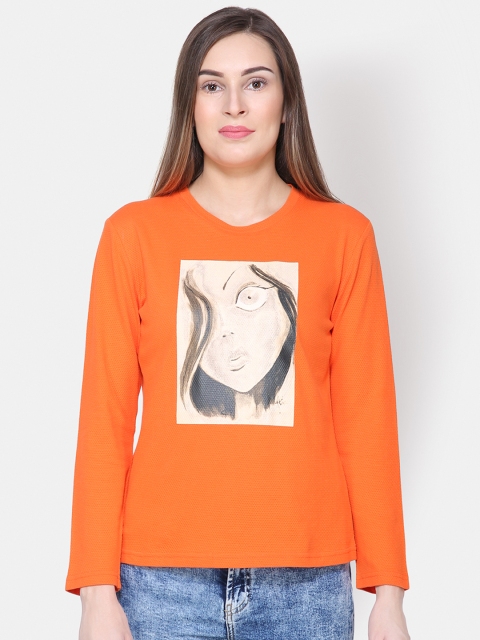 Yaadleen Women Orange Printed Round Neck T-shirt