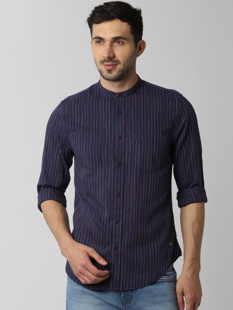 Peter England Casuals Men Navy Blue Slim Fit Striped Casual Shirt