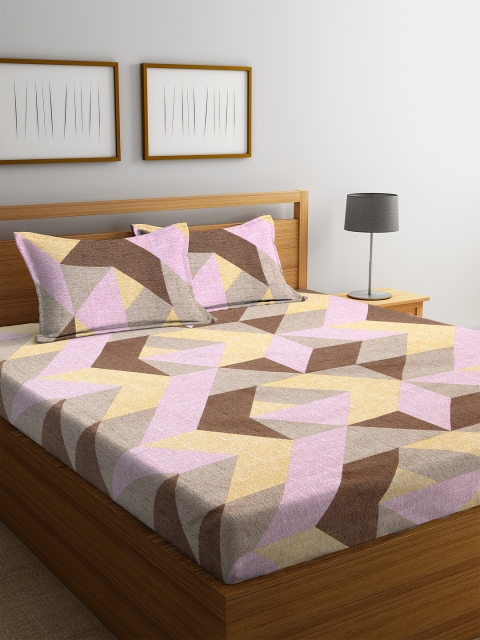 Home Sizzler Brown Geometric 140 TC Cotton 1 Queen Bedsheet with 2 Pillow Covers