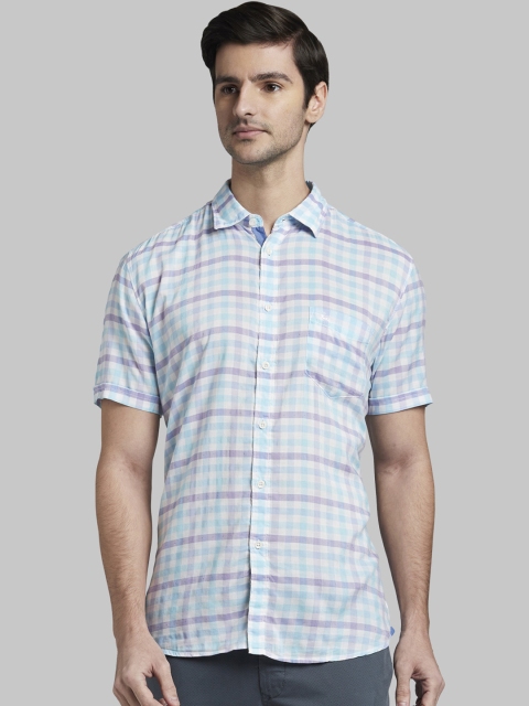 Parx Men Blue & White Slim Fit Checked Casual Shirt