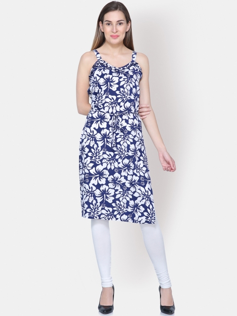 Yaadleen Women White & Navy Blue Printed Straight Kurta