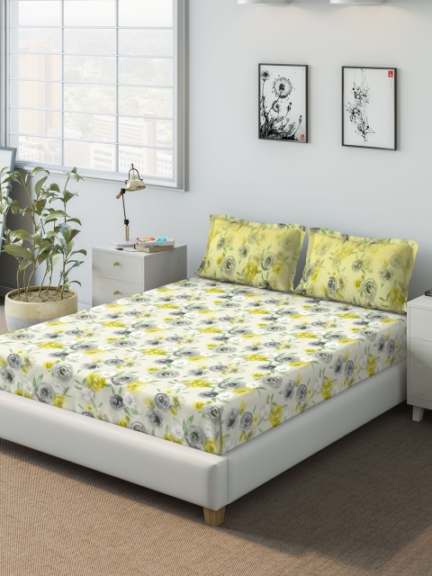 DDecor Yellow & Grey Floral 140 TC Cotton 1 Queen Bedsheet with 2 Pillow Covers