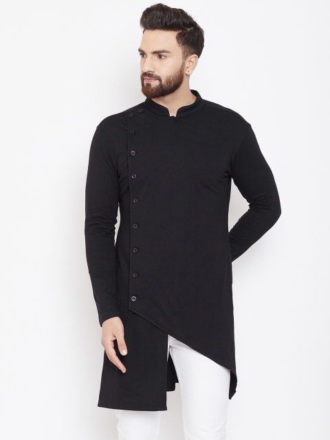 Hypernation Men Black Solid Asymmetric Straight Kurta