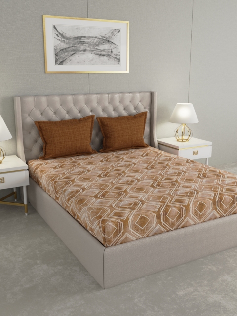 GMF Brown Geometric 180 TC Cotton 1 Extra Large Bedsheet with 2 Pillow Covers