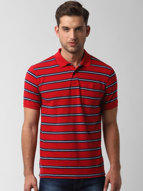 Peter England Casuals Men Red & Navy Striped Polo Collar T-shirt