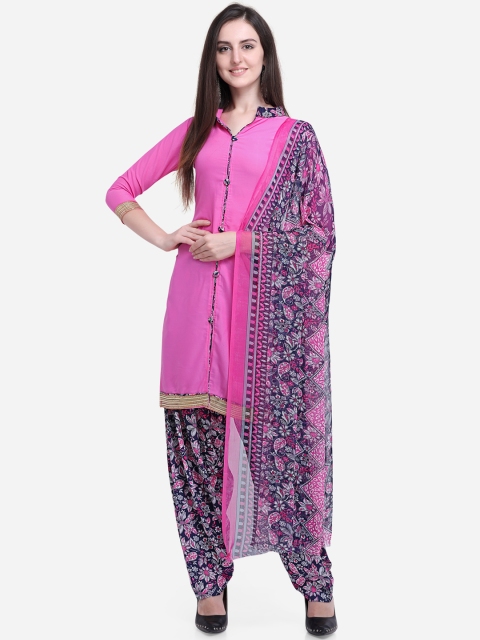 Satrani Pink & Navy Unstitched Dress Material