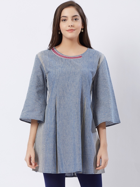 Fusion Beats Blue & Off-White Striped A-Line Tunic