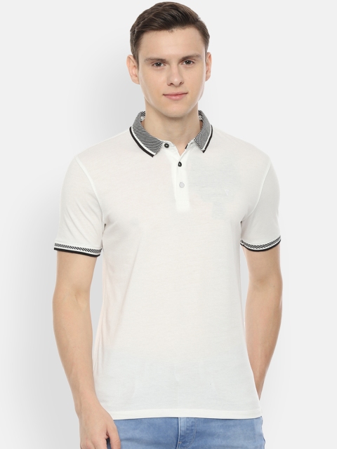 V Dot Men White Solid Polo Collar T-shirt