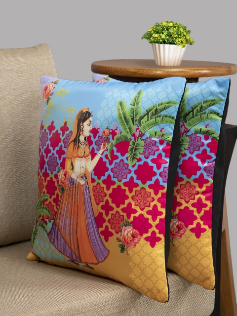 HOUZZCODE Multicoloured Set of 2 Ethnic Motifs Square Cushion Covers, Multi