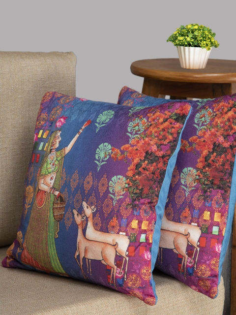 HOUZZCODE Blue & Purple Set of 2 Deer Square Cushion Covers