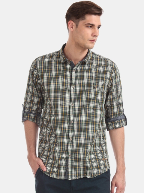 Cherokee Men Olive Green Regular Fit Checked Casual Shirt