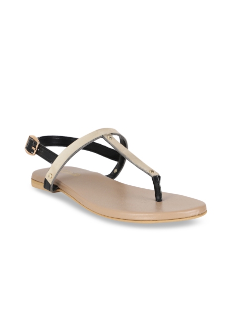 Jurado Women Black & Cream-Coloured Colourblocked T-Strap Flats