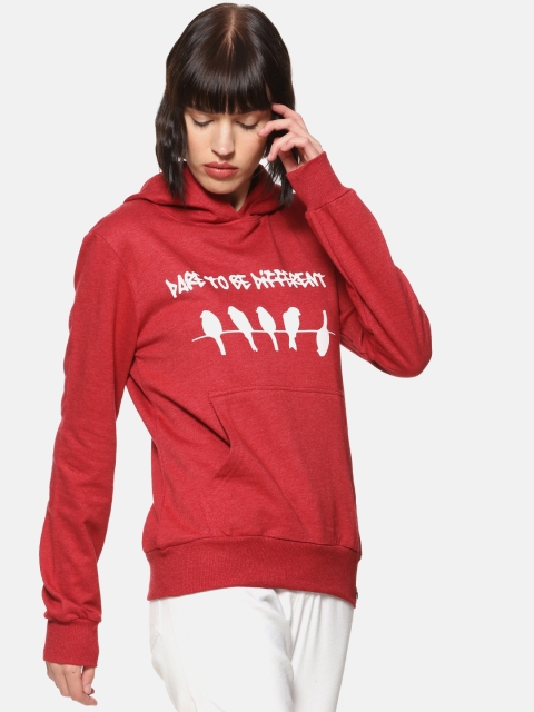 Campus Sutra Women Maroon Printed Hooded Sweatshirt