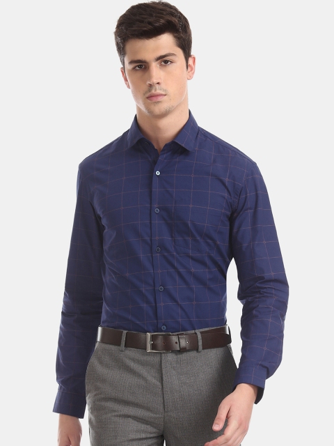 Arrow Men Navy Blue Skinny Fit Checked Formal Shirt