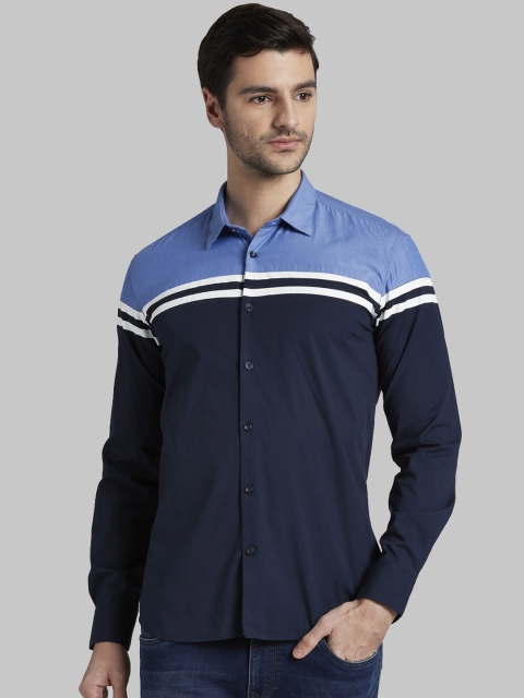 Parx Men Blue Slim Fit Colourblocked Casual Shirt