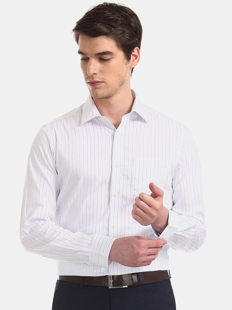 Arrow Men White & Blue Slim Fit Striped Formal Shirt