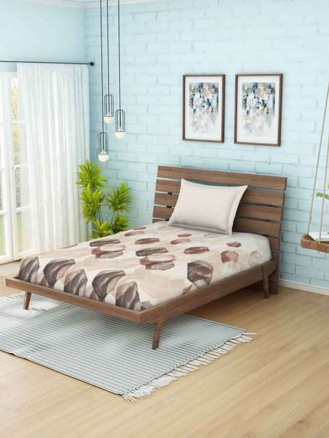 SPACES Brown Geometric 144 TC Cotton 1 Single Bedsheet with 1 Pillow Covers