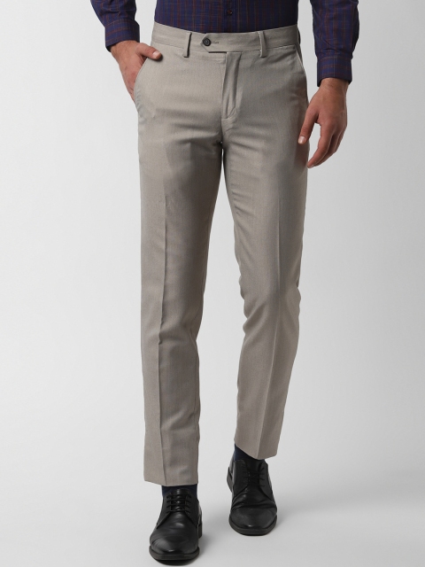 Peter England Men Beige Slim Fit Self Design Formal Trousers