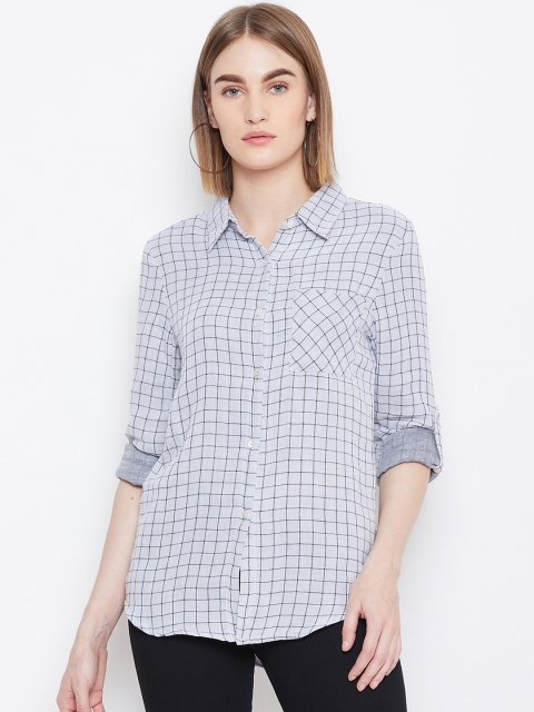 Ruhaans Women Blue & White Regular Fit Checked Casual Shirt