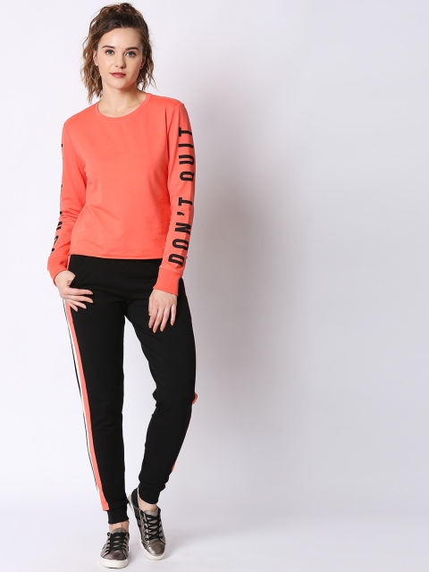 I Like Me Women Peach-Coloured & Black Solid Crop Top Track Suit