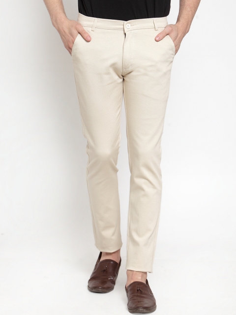 Rodamo Men Beige Slim Fit Self Design Regular Trousers