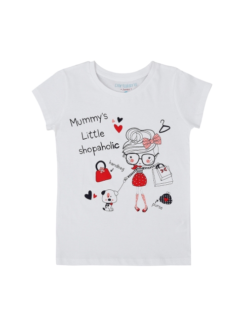 Pantaloons Junior Girls White Black Printed Round Neck Pure Cotton T-shirt