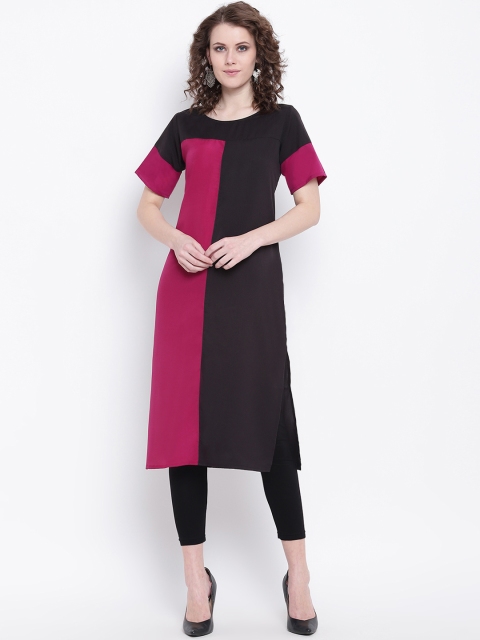 Napra Women Magenta & Black Colourblocked Straight Kurta