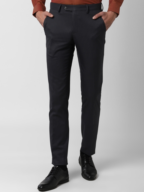 Peter England Men Black Slim Fit Striped Formal Trousers