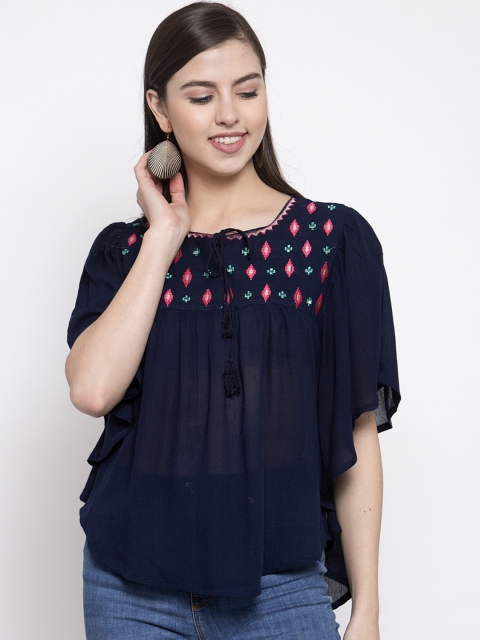 Purple State Women Navy Blue Embroidered A-Line Top
