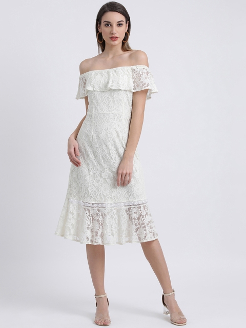 Zink London Women White Self Design Fit and Flare Dress