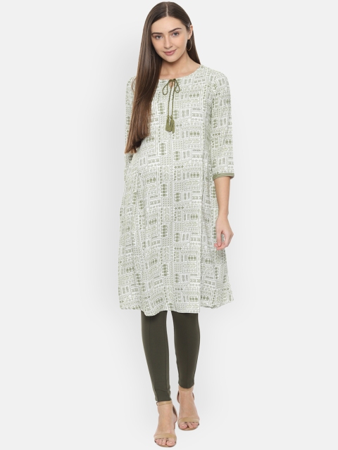 People Women White & Green Printed Straight Kurta