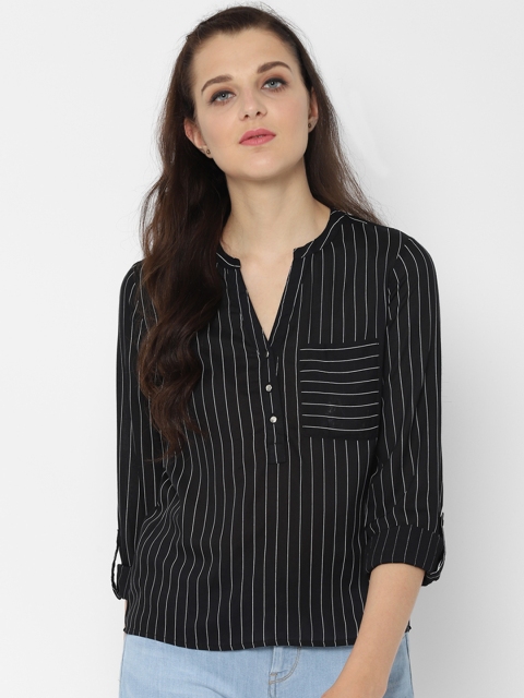 People Women Black & White Striped Regular Top