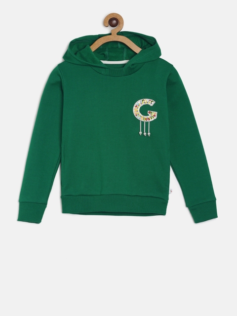 TALES & STORIES Girls Green Solid Hooded Sweatshirt