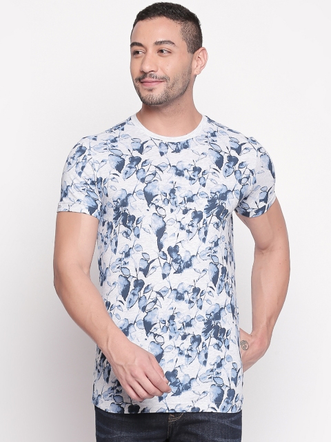 Mufti Men White & Blue Printed Round Neck Slim Fit T-shirt