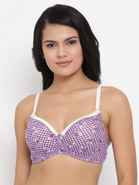 Clovia Purple & White Printed Padded Non-Wired Tshirt Bra BR1956P153