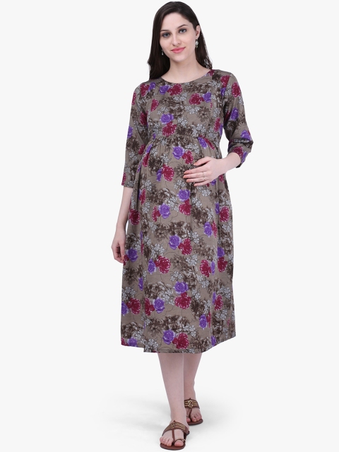 MomToBe Women Maternity Taupe Printed Fit and Flare Dress