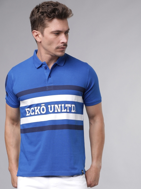 Ecko Unltd Men Blue & White Printed Polo Collar T-shirt