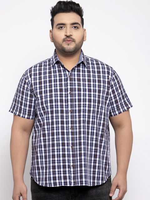 plusS Men Blue & White Regular Fit Checked Casual Shirt