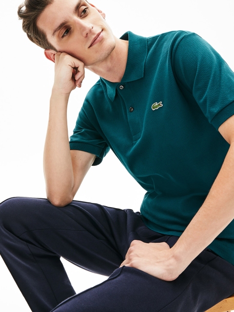 Lacoste Men Teal Solid Polo Collar T-shirt