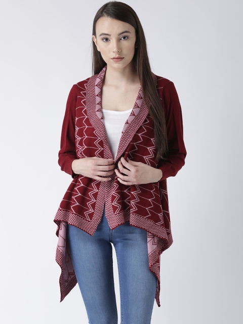Club York Women Maroon Self Design Open Front Shrug