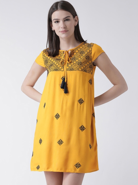 The Vanca Women Mustard Yellow Printed A-Line Dress