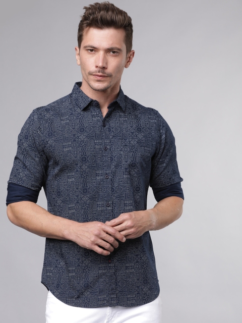 HIGHLANDER Men Navy Blue & White Slim Fit Printed Casual Shirt