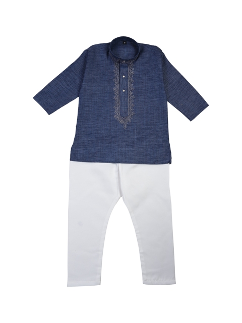 La Bele Boys Navy Blue & White Embroidered Kurta with Pyjamas