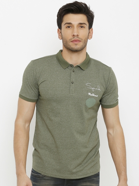 Rex Straut Jeans Men Olive Green Slim Fit Solid Polo Collar T-shirt