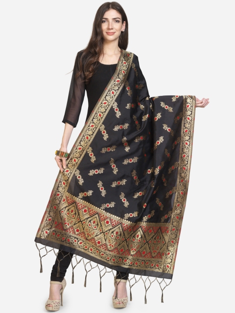 Satrani Black & Gold-Coloured Woven Design Poly Silk Jacquard Banarasi Dupatta