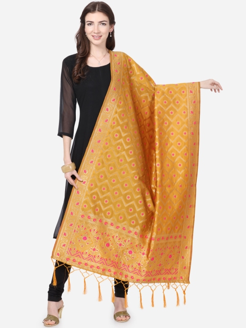 Satrani Mustard Yellow & Gold-Coloured Woven Design Poly Silk Jacquard Banarasi Dupatta