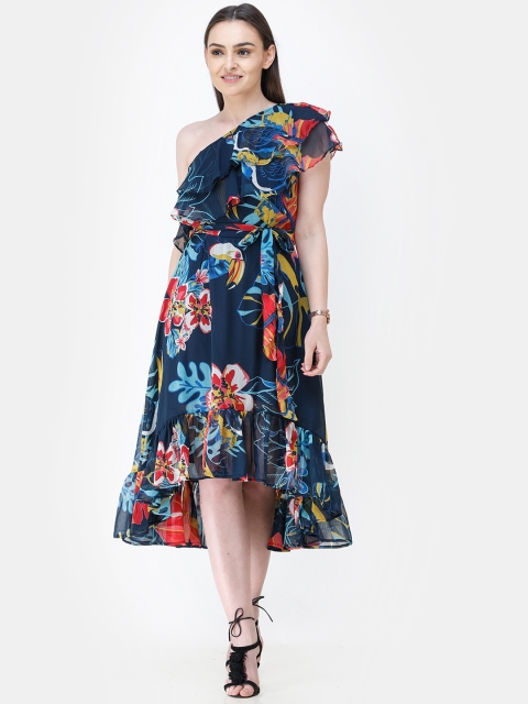 Cation Women Navy Blue Quirky Print Fit and Flare Dress